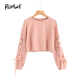 ROMWE Eyelet Lace Up Sleeve Crop Sweatshirt Autumn Pink Round Neck Cute Pullovers 2018 Women Long Sleeve Casual Sweatshirt