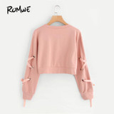 ROMWE Eyelet Lace Up Sleeve Crop Sweatshirt Autumn Pink Round Neck Cute Pullovers 2018 Women Long Sleeve Casual Sweatshirt