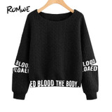 ROMWE Drop Shoulder Cut Sleeve Sweatshirt 2018 Black Long Sleeve Cut Out Letter Female Top Round Neck Regular Fit Sweatshirt