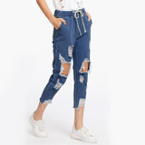 ROMWE Drawstring Waist Ripped Jeans For Women Blue Extreme Destroyed Casual Crop Denim Pants Fall Tapered Jeans