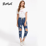 ROMWE Drawstring Waist Ripped Jeans For Women Blue Extreme Destroyed Casual Crop Denim Pants Fall Tapered Jeans