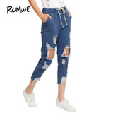 ROMWE Drawstring Waist Ripped Jeans For Women Blue Extreme Destroyed Casual Crop Denim Pants Fall Tapered Jeans