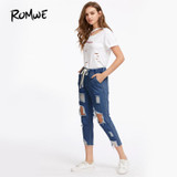 ROMWE Drawstring Waist Ripped Jeans For Women Blue Extreme Destroyed Casual Crop Denim Pants Fall Tapered Jeans