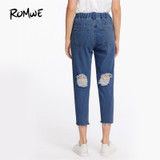 ROMWE Drawstring Waist Ripped Jeans For Women Blue Extreme Destroyed Casual Crop Denim Pants Fall Tapered Jeans