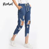 ROMWE Drawstring Waist Ripped Jeans For Women Blue Extreme Destroyed Casual Crop Denim Pants Fall Tapered Jeans