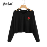 ROMWE Cut Out Neck Sexy T-shirt Rose Patch Black Tee 2018 Women V Neck Autumn Tops Fashion Long Sleeve Embroidery Casual T-shirt