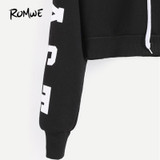 ROMWE Cropped Hoodie Black Hooded Letters Print Crop Sweatshirt Autumn Streetwear Women Long Sleeve Casual Pullover