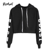 ROMWE Cropped Hoodie Black Hooded Letters Print Crop Sweatshirt Autumn Streetwear Women Long Sleeve Casual Pullover
