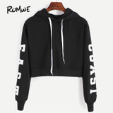 ROMWE Cropped Hoodie Black Hooded Letters Print Crop Sweatshirt Autumn Streetwear Women Long Sleeve Casual Pullover