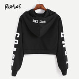 ROMWE Cropped Hoodie Black Hooded Letters Print Crop Sweatshirt Autumn Streetwear Women Long Sleeve Casual Pullover