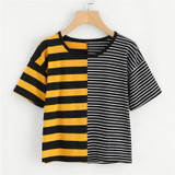 ROMWE Contrast Striped Tee Shirt 2018 Summer Round Neck Short Sleeve Casual Female Top Multicolor Stretchy Crop T Shirt