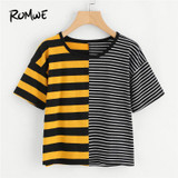 ROMWE Contrast Striped Tee Shirt 2018 Summer Round Neck Short Sleeve Casual Female Top Multicolor Stretchy Crop T Shirt