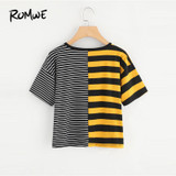 ROMWE Contrast Striped Tee Shirt 2018 Summer Round Neck Short Sleeve Casual Female Top Multicolor Stretchy Crop T Shirt