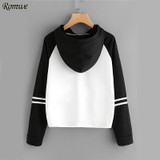 ROMWE Contrast Striped Sleeve Hoodies Women Rose Print Hoodie Patchwork Sweatshirt 2017 Autumn New Graphic Long Sleeve Hoodies