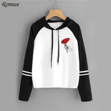 ROMWE Contrast Striped Sleeve Hoodies Women Rose Print Hoodie Patchwork Sweatshirt 2017 Autumn New Graphic Long Sleeve Hoodies