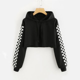 ROMWE Contrast Checked Sleeve Crop Hoodie Drawstring Plaid Regular Fit Women Top Long Sleeve Pullover Sweatshirt