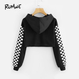 ROMWE Contrast Checked Sleeve Crop Hoodie Drawstring Plaid Regular Fit Women Top Long Sleeve Pullover Sweatshirt