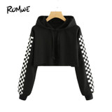 ROMWE Contrast Checked Sleeve Crop Hoodie Drawstring Plaid Regular Fit Women Top Long Sleeve Pullover Sweatshirt