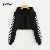 ROMWE Contrast Checked Sleeve Crop Hoodie Drawstring Plaid Regular Fit Women Top Long Sleeve Pullover Sweatshirt