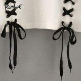 ROMWE Casual Printed T shirt Women Crop Tops Women 2018 Summer White Letter Print Short Sleeve Lace-Up Crop T-shirt