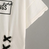 ROMWE Casual Printed T shirt Women Crop Tops Women 2018 Summer White Letter Print Short Sleeve Lace-Up Crop T-shirt