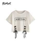 ROMWE Casual Printed T shirt Women Crop Tops Women 2018 Summer White Letter Print Short Sleeve Lace-Up Crop T-shirt