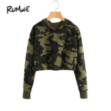 ROMWE Camo Print Crop Hoodie Green Long Sleeve Sexy Casual Women Hooded Sweatshirt Fall 2018 New Fashion Short Brief Hoodies