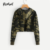 ROMWE Camo Print Crop Hoodie Green Long Sleeve Sexy Casual Women Hooded Sweatshirt Fall 2018 New Fashion Short Brief Hoodies