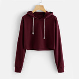ROMWE Burgundy Casual Bts Hoodies Women Drawstring Autumn Hooded Crop Sweatshirt 2017 Spring Fashion Brief Plain Basic Hoodies