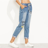 ROMWE Blue Letter Print Drawstring Waist Cuffed Jeans 2018 New Straight Leg Cropped Casual Women Pants Mid Waist Ripped Jeans