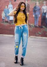ROMWE Blue Letter Print Drawstring Waist Cuffed Jeans 2018 New Straight Leg Cropped Casual Women Pants Mid Waist Ripped Jeans