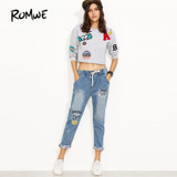 ROMWE Blue Letter Print Drawstring Waist Cuffed Jeans 2018 New Straight Leg Cropped Casual Women Pants Mid Waist Ripped Jeans
