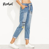 ROMWE Blue Letter Print Drawstring Waist Cuffed Jeans 2018 New Straight Leg Cropped Casual Women Pants Mid Waist Ripped Jeans