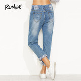 ROMWE Blue Letter Print Drawstring Waist Cuffed Jeans 2018 New Straight Leg Cropped Casual Women Pants Mid Waist Ripped Jeans