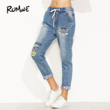 ROMWE Blue Letter Print Drawstring Waist Cuffed Jeans 2018 New Straight Leg Cropped Casual Women Pants Mid Waist Ripped Jeans