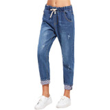 ROMWE Blue Drawstring Waist Cuffed Jeans 2018 Spring Casual Pockets Mid Waist Denim Pants Women Fashion Loose Plain Jeans