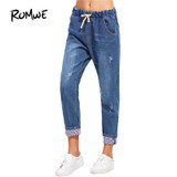 ROMWE Blue Drawstring Waist Cuffed Jeans 2018 Spring Casual Pockets Mid Waist Denim Pants Women Fashion Loose Plain Jeans