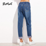 ROMWE Blue Drawstring Waist Cuffed Jeans 2018 Spring Casual Pockets Mid Waist Denim Pants Women Fashion Loose Plain Jeans