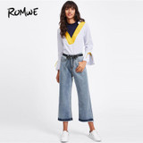ROMWE Bleach Wash Loose Jeans 2018 New Arrival Mid Waist Wide Leg Women Trousers Spring Button Fly Plain Jeans
