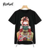 ROMWE Black Figure Print Pearl Embellished Tee 2018 Spring Round Neck Short Sleeve Rock Top Women Pearls Lace Up Beaded T Shirt