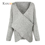 KANCOOLD 2017 Fashion Pullovers high quality Women's Gray Criss Cross Wrap Front V Neck Long Sleeve Knit Sweater Jumper oct13
