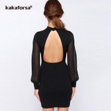 Kakaforsa Women Sexy Backless White Dress Casual Plus Size Slim Fit Bodycon Short Dress Long Sleeve O-Neck Mini Party Dresses