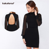 Kakaforsa Women Sexy Backless White Dress Casual Plus Size Slim Fit Bodycon Short Dress Long Sleeve O-Neck Mini Party Dresses