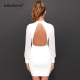 Kakaforsa Women Sexy Backless White Dress Casual Plus Size Slim Fit Bodycon Short Dress Long Sleeve O-Neck Mini Party Dresses