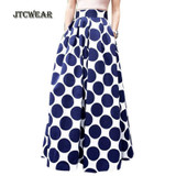 JTCWEAR Tunic Pleated Blue Polka Dot Lady Long Skirts Vintage Elegant Flare Party Club Casual Fashion Woman Swing Skirt 382
