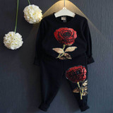 JSWANKY Children Clothing Autumn Roses Floral Embroidered Sequinsets Kids Clothes Long Sleeve T Shirt+Pants Girls Outfits Sets