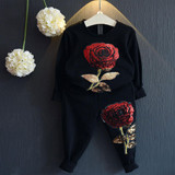 JSWANKY Children Clothing Autumn Roses Floral Embroidered Sequinsets Kids Clothes Long Sleeve T Shirt+Pants Girls Outfits Sets