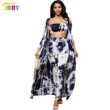 JRRY Fashion Three Pieces Print Women Jumpsuit Long Sleeve Cape Coat Strapless Top Long Pants Ladies Romper