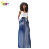 JRRY Casual Two Pieces Striped Women Maxi Dresses White Tank Top Sashes Pockets Long Dress Vestidos