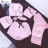 JRMISSLI brand women's 7 pieces Pink pajamas sets satin silk lingerie homewear sleepwear pyjamas set pijamas for woman